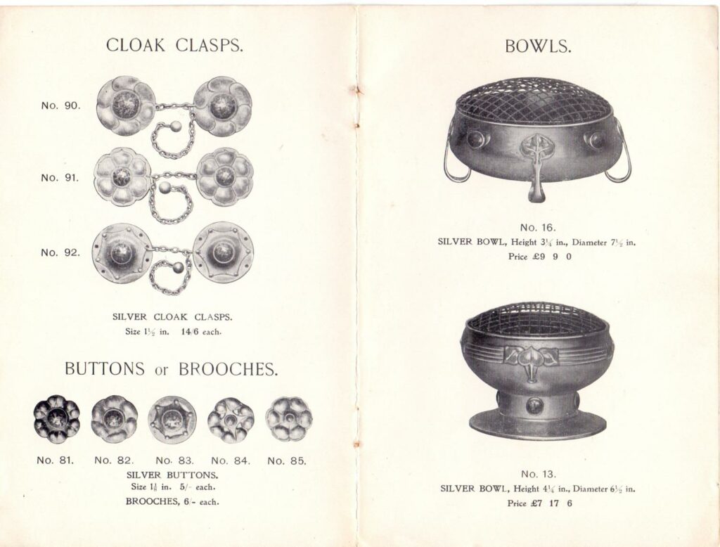 Pages from the A. E. Jones catalogue circa 1905, with illustrations of Ruskin enamels applied to the silver-work.