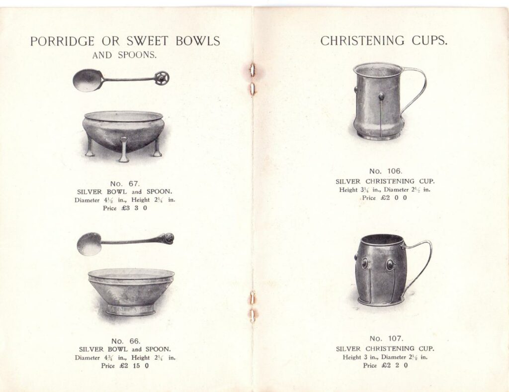 Pages from the A. E. Jones catalogue circa 1905, with illustrations of Ruskin enamels applied to the silver-work.