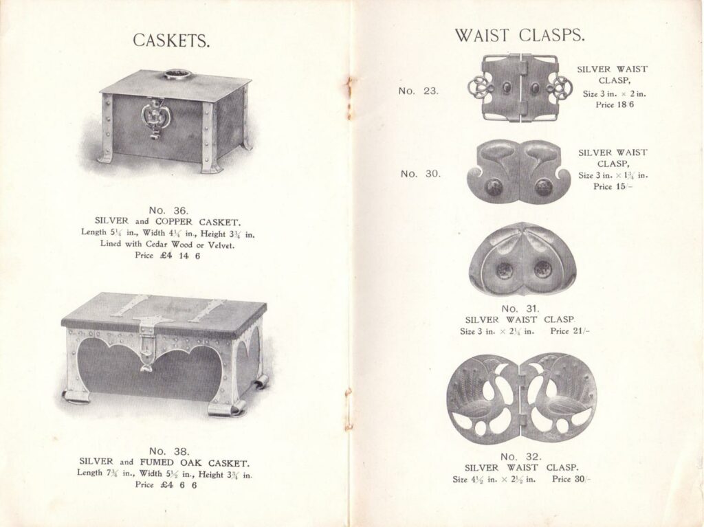 Pages from the A. E. Jones catalogue circa 1905, with illustrations of Ruskin enamels applied to the silver-work.