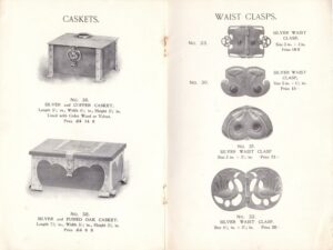 Pages from the A. E. Jones catalogue circa 1905, with illustrations of Ruskin enamels applied to the silver-work.